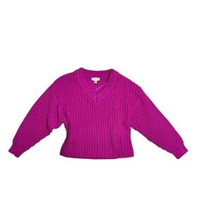 Topshop Bright Magenta Cropped Cable Knit V-Neck Sweater, Size S